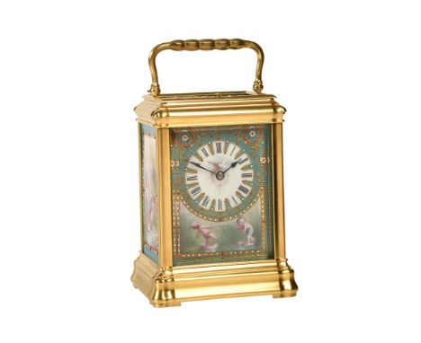 A GILT BRASS GORGE CASED REPEATING CARRIAGE CLOCK WITH FINE PAINTED PORCELAIN PANELSUNSIGNED, PARIS, CIRCA 1875The eight-day 