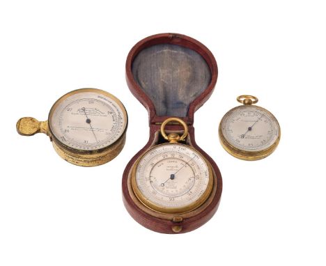 THREE GILT BRASS ANEROID POCKET BAROMETERS WITH ALTIMETERSSHORT & MASON, L.H. LEON & COMPANY AND UNSIGNED, LONDON, LATE 19th 