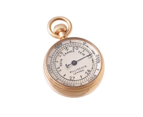 A RARE MINIATURE GOLD ANEROID POCKET BAROMETER WITH ALTIMETERPILLISCHER, LONDON, LATE 19th CENTURYThe 0.675 inch circular sil