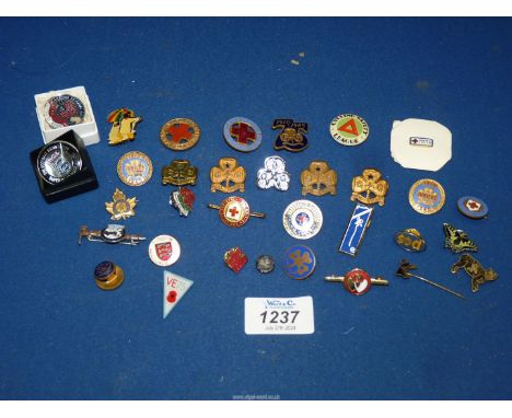 A quantity of enamel badges to include: Red Cross, Girl Guides, Isle of Man black cat, etc.