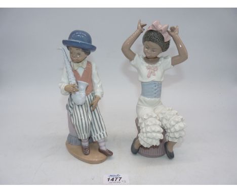 Two Lladro figures of children;  young boy with saxophone and young girl in frilly knickerbockers and bodice, 8 1/2" x 9" tal
