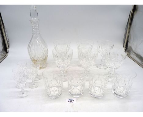 A Webb Corbett conical decanter with matching set of four tumblers, six red wine glasses and five shot glasses.