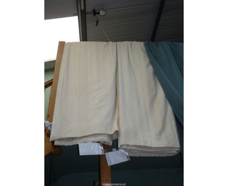 A pair of bespoke homemade Curtains in light cream with weighted hem and three pleat heading (some water marks), 8' drop x 17