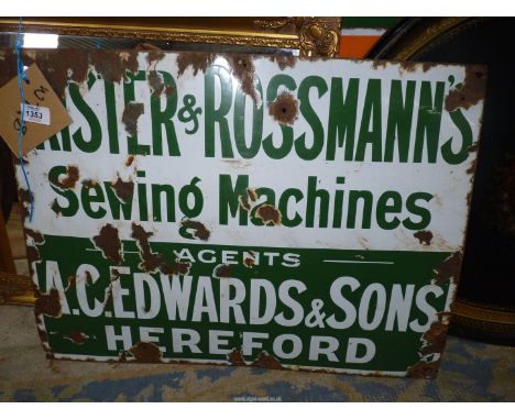 A Frister & Rossman Sewing Machine enamel Sign, 24'' wide x 18'', some wear.
