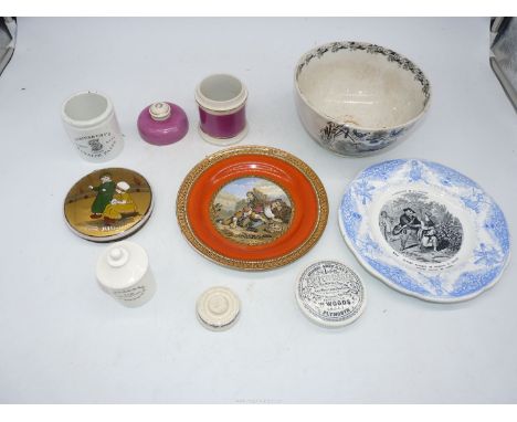 A small quantity of Victorian ware including 'God Speed The Plough' bowl, Prattware plate, Woods Areca nut toothpaste pot lid