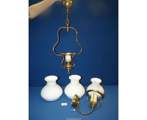 A contemporary Ceiling Lamp with white glass shade and similar wall mounted light with white glass shade.