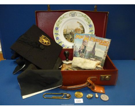 A small suitcase and contents to include: mortar board, Harrow school plate and schoolmaster's stamp, a box of BSE tools, Mec