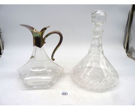 A Ships decanter plus a hexagonal Claret jug with plated lid and handle.