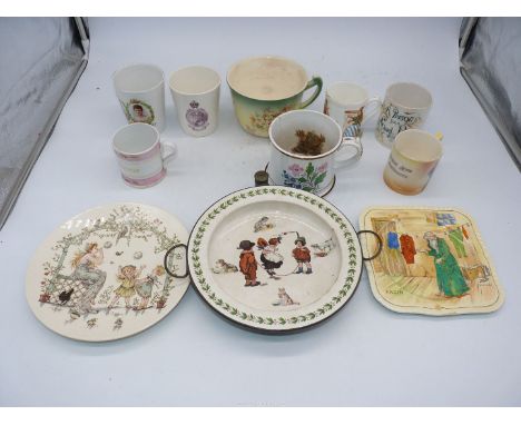 A quantity of china including souvenir mugs, beakers, Sarreguemines Froment Richard child's plate, Victorian nursery warming 