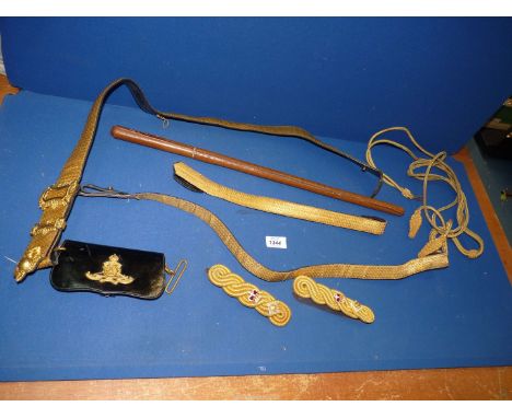 A quantity of Military regalia to include leather coated swagger stick, Royal Artillery belt with gold brocade and metalwork 