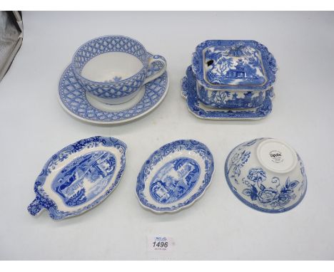 A small quantity of blue and white china including Burleighware 'Willow' tureen and stand, large Spode 'Geranium' cup and sau