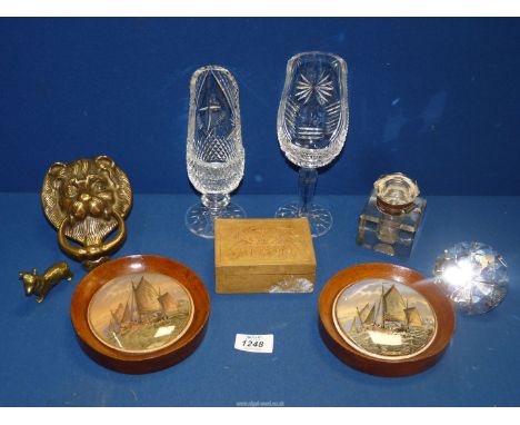 A quantity of miscellaneous to include: a brass Lion mask door knocker, two oval framed Prattware lids and two cut glass Holy