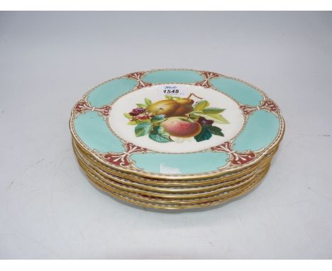 Six Copeland Spode dessert plates with studies of different fruit on the centre of each plate with turquoise, red and gold bo