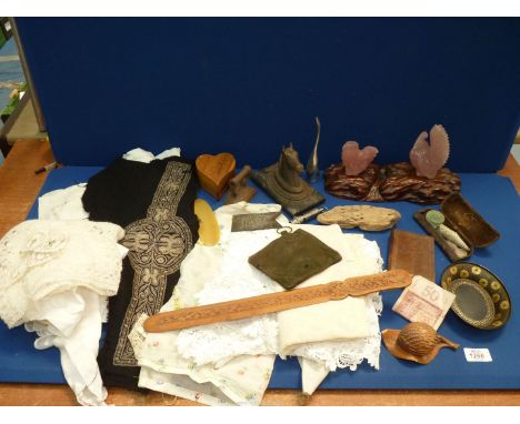 A quantity of miscellanea to including alabaster hens, embroidered wool material, one silver and one gold, floral coat hanger