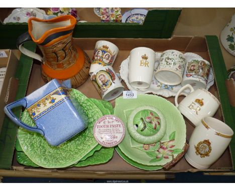 A quantity of china to include; Beswick, Carlton ware preserve pot, dishes, etc. commemorative beakers and mugs, Myotts jug, 
