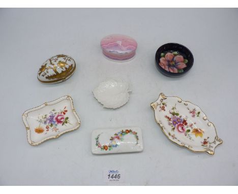 A small quantity of china to include: a Moorcroft trinket dish, a KPM trinket dish, two Royal Crown Derby "Derby Posies" trin