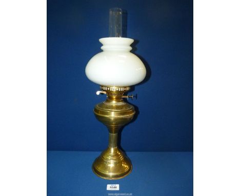 A Brass based double burner Oil Lamp, Hinks & Sons patent, with white glass shade and chimney.