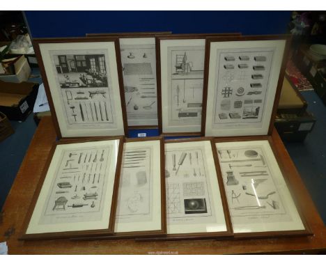 Eight framed and mounted Prints, of French drawings, plans, calculations and illustrations of "Gravure"/engraving tools (glas