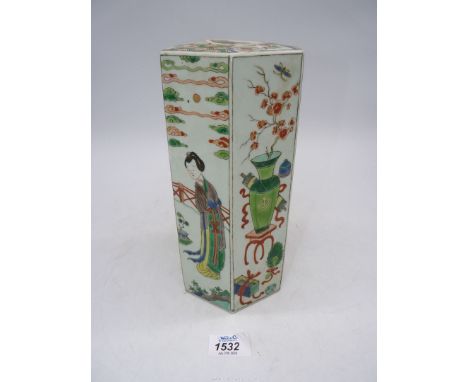 A Chinese hexagonal porcelain vase, decorated with famille verte enamel colours, 19th centaury, 9 1/2" tall.