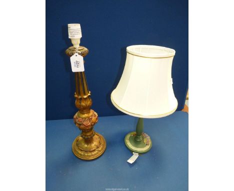 A giltwood lamp base with acanthus leaf, moulded fruit and flower decoration 20" tall along with a Barbola style lamp base wi