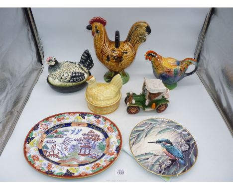A box of ceramic chickens to include: a hen on a nest, a tea pot, a Wedgwood kingfisher plate, a Copeland plate, as found.