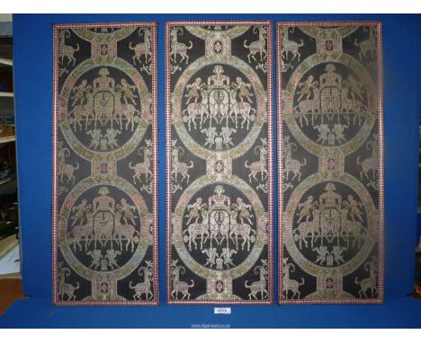 Three Eastern tapestry panels with detail of warriors and horses, each panel being 10" wide x 27" high.