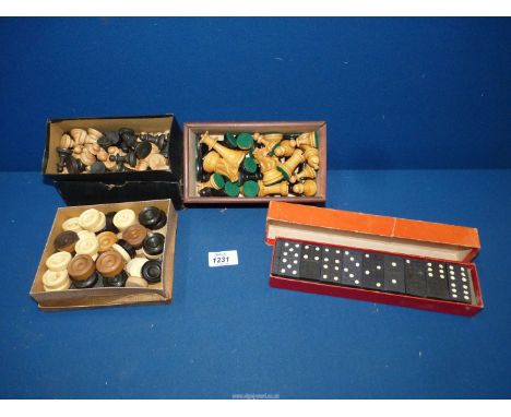 A set of "Stounton" chess men in a wooden box, a "WP&S" set of chess men, miscellaneous draughts and a set of "Royal" dominoe