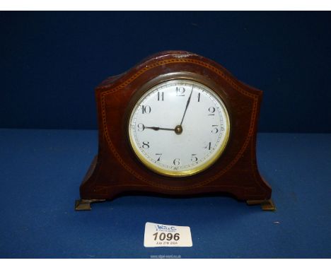 A small French wooden Mantle clock having Arabic numerals with shield shape inlay stringing to front, 7 3/4" wide x 5 3/4" hi