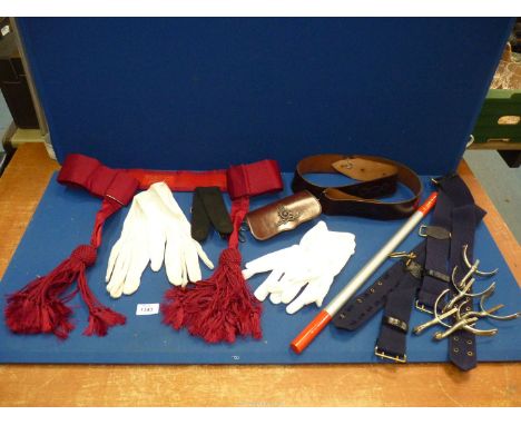 A quantity of Military regalia to include a dark brown leather belt, dark red fabric belt with rope tassals made by Hobson & 