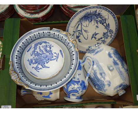 A box of blue and white to include: a Pallisy "Lakeland" tureen, Royal Worcester Dragon bowl, Minton Delft plate, etc.