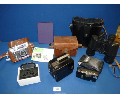 A small quantity of cameras including Agfa box camera in leather case, USSR cased binoculars, Kiron airpods etc. 