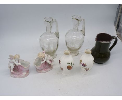 A pair of "Royal Worcester" Arden vases, a pair of Claret jugs,  Victorian cherub pots (as found), etc.