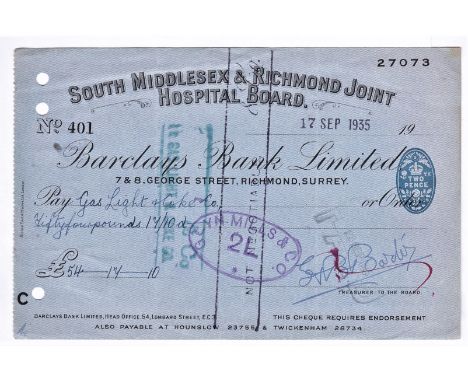 Barclays Bank Limited, Richmond Surrey 1935  used, bearer, 2d, South Middlesex &amp; Richmond Joint Hospital Board, printed l