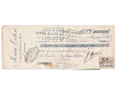 France 1908 cheque used Credit du Nord Arras tax stamp, nice item