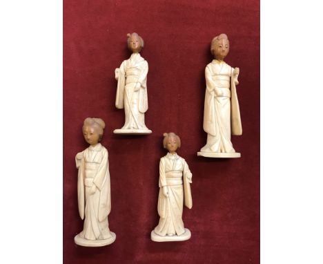 Vintage set of four figures of Japanese ladies in traditional kimonos, faux ivory look maybe bone or plastic, some damage to 