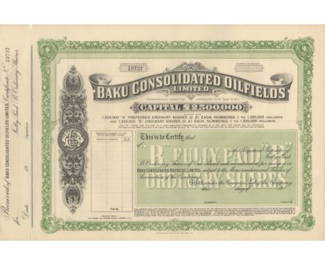 Baku Consolidated Oil Fields Ltd Share Certificate, unissued, black &amp; green on cream