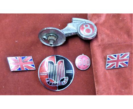 Morris Standard 8 Car Bonnet emblems (5) including: a chrome and enamel  Standard 8 badge, two union jack mascot badges, a Mo