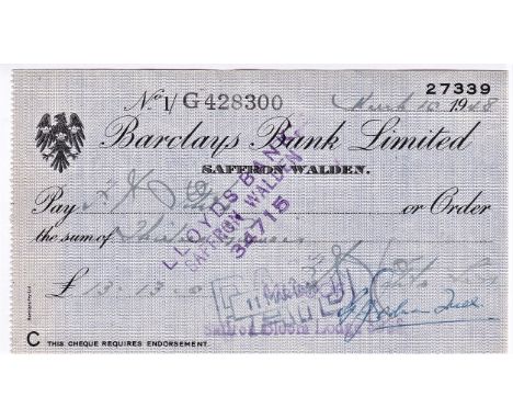 Barclays Bank Limited Saffron Walden 1948 used, bearer, black on light blue