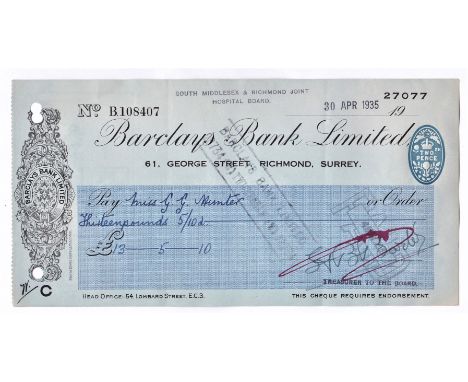 Barclays Bank Limited 1935, Richmond Surrey used, Bo 2d, South Middlesex &amp; Richmond Joint Hospital Board. Blue on light b