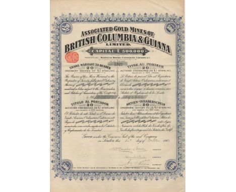 British Columbia &amp; Guinea Associated Gold Mines 1913 £20 share warrant