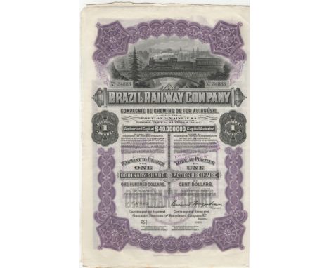 Brazil Railway Company Share Certificate 1911. Attractive vignette steam train crossing viaduct
