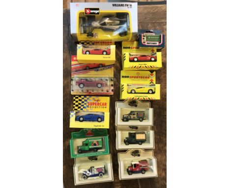 Model toy vehicles 12 x  including a 1:24 scale Williams Formula 1 racing car, Die-cast Lledo Walkers Crisp advertising van a