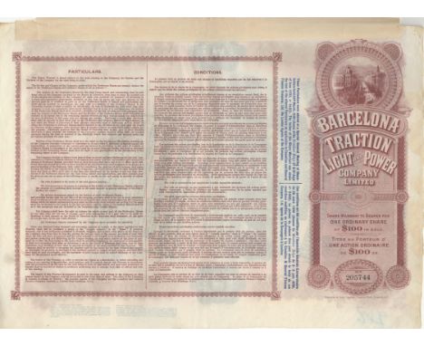 Barcelona Traction Light and Power Company Ltd 1923 100 Dollar Gold Bond. Attractive early train vignette