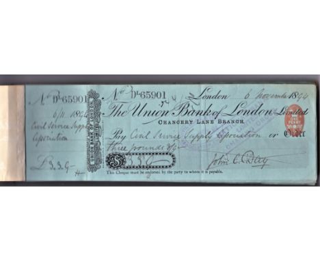 The Union Bank of London Limited, 1894-1895 Chancery Lane Branch London, black on blue green, printer WM Brown &amp; Co, red 