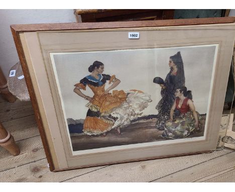 †William Russell Flint: an oak framed large format coloured print, depicting flamenco dancers - frame a/f