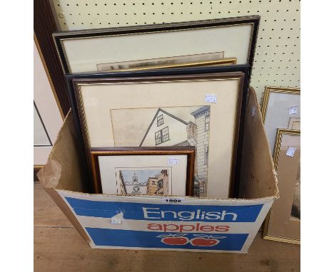A box containing Nigel Cameron: a framed ink and wash drawing of the facade of Totnes Museum - signed, also a small quantity 