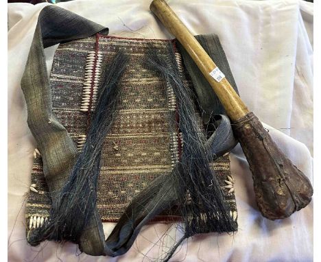 A Polynesian woven handbag decorated with seeds - sold with a Tibetan Kangling 'leg flute' made from a thigh bone