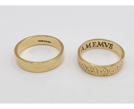 Two 375 (9ct.) gold wedding bands, one with engraved decoration and internal Latin 'Let Us Love Forever' text - sizes S and R