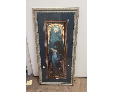 A framed large narrow format coloured print entitled 'The Lovers' with gilt detailing to the border