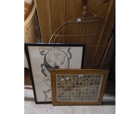 A framed coloured print depicting various tools and other items - sold with another and a brass cage screen